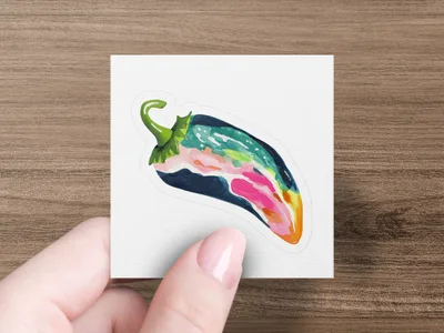 Colorful watercolor painting of a chili pepper on a white square sticker.
