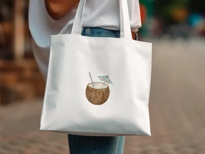 White tote bag with watercolor illustration of a coconut drink.