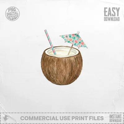 Whole coconut with straw and umbrella, "Easy Download" text.
