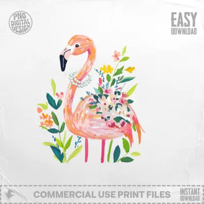 Pink flamingo with pearls and colorful flowers, PNG Digital Design.