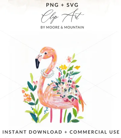 Pink flamingo with pearl necklace and floral bouquet, INSTANT DOWNLOAD.