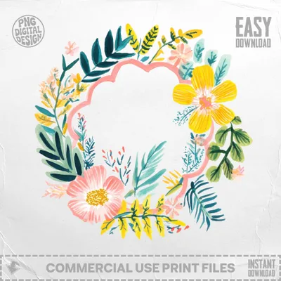 SVG Preppy Painterly Floral Frame SVG, Hand Painted PNG Clipart, Gouache Style Illustration, Vibrant Painted Aesthetic, Trendy Pastel Digital