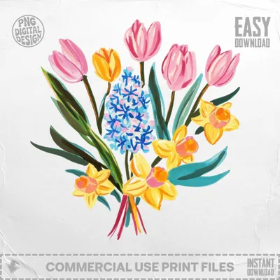 SVG Preppy Painterly Flowers SVG, Hand Painted Tulip Daffodil Hyacinth Clipart, Gouache Style Illustration PNG, Vibrant Brushstroke Digital Art