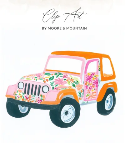 SVG Preppy Painterly Jeep SVG, Hand Painted Floral PNG Clipart, Gouache Style Illustration, Watercolor Preppy Graphic, Trendy Y2K Aesthetic