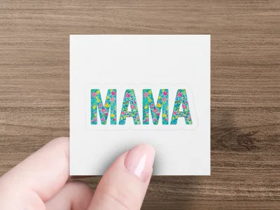 "Mama" text sticker with floral accents, held by a hand.