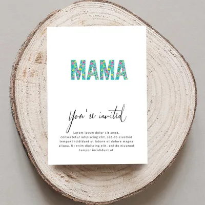 Card with "MAMA" in floral letters and "You're invited" text.