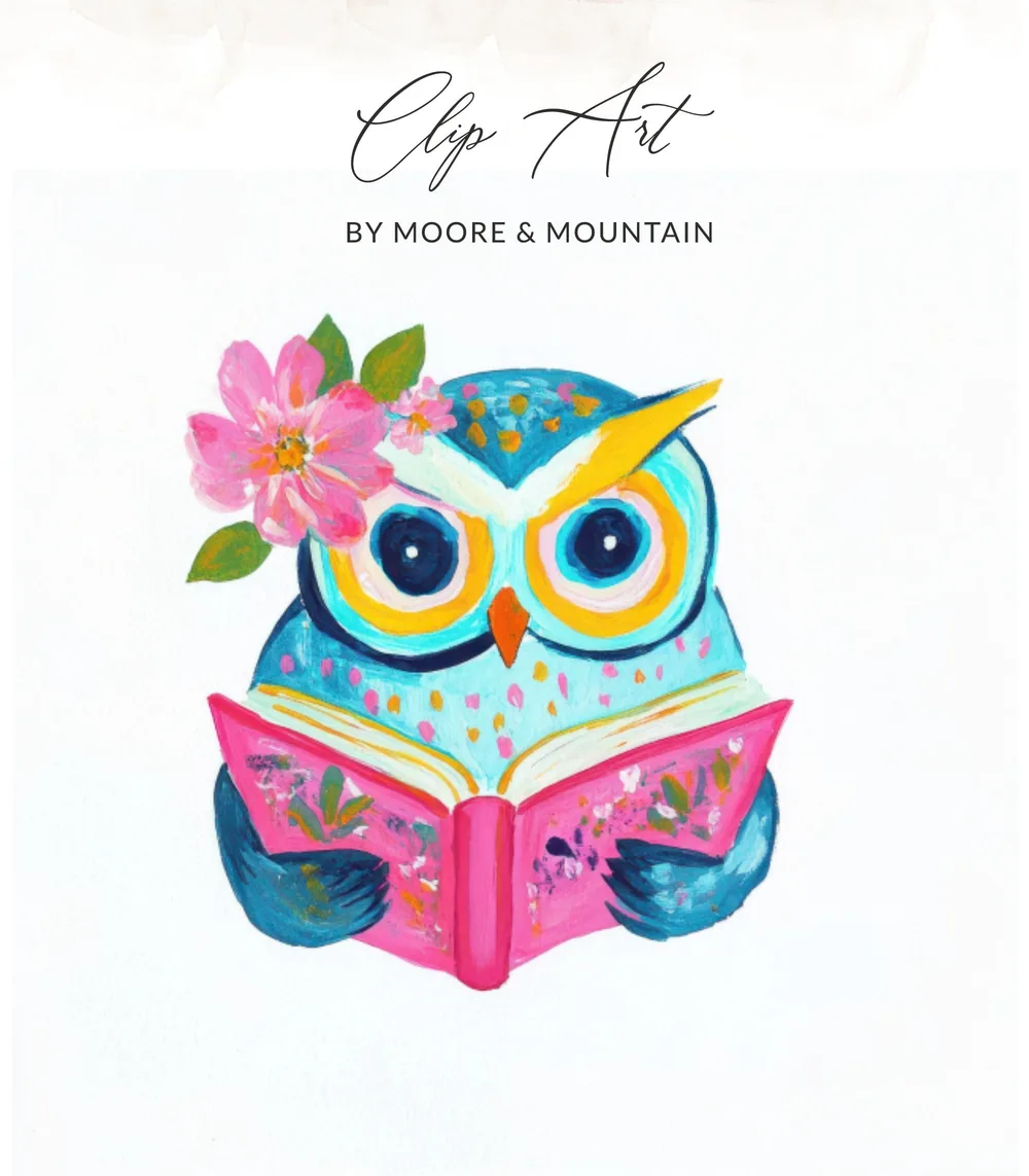 SVG Preppy Painterly Owl PNG, Hand Painted Gouache Illustration Digital, Whimsical Reading Owl Clipart, Vibrant Pastel Art, Girly SVG Cut File