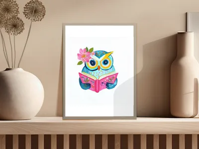SVG Preppy Painterly Owl PNG, Hand Painted Gouache Illustration Digital, Whimsical Reading Owl Clipart, Vibrant Pastel Art, Girly SVG Cut File