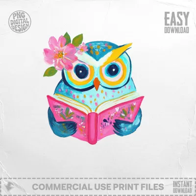 SVG Preppy Painterly Owl PNG, Hand Painted Gouache Illustration Digital, Whimsical Reading Owl Clipart, Vibrant Pastel Art, Girly SVG Cut File
