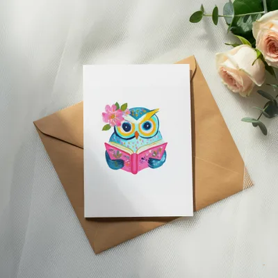 SVG Preppy Painterly Owl PNG, Hand Painted Gouache Illustration Digital, Whimsical Reading Owl Clipart, Vibrant Pastel Art, Girly SVG Cut File
