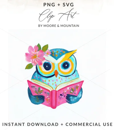 SVG Preppy Painterly Owl PNG, Hand Painted Gouache Illustration Digital, Whimsical Reading Owl Clipart, Vibrant Pastel Art, Girly SVG Cut File