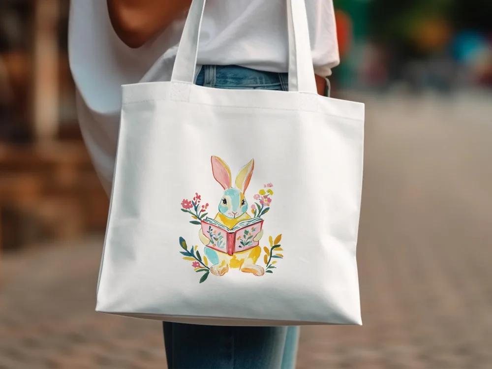 White tote bag with watercolor illustration of a bunny reading a book among flowers.