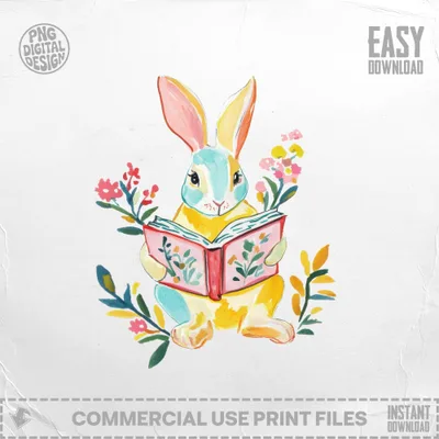 Yellow and blue bunny reading a book surrounded by colorful flowers.