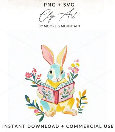 Watercolor bunny reading a book surrounded by flowers.