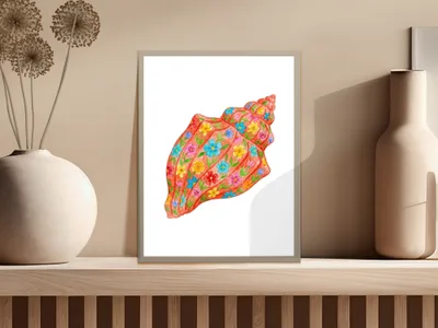 Watercolor seashell art print with colorful floral designs.