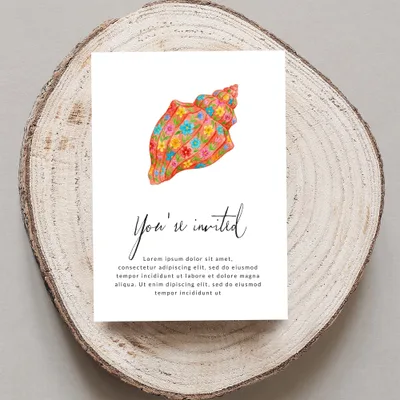Seashell invitation with "You're invited" and placeholder text.