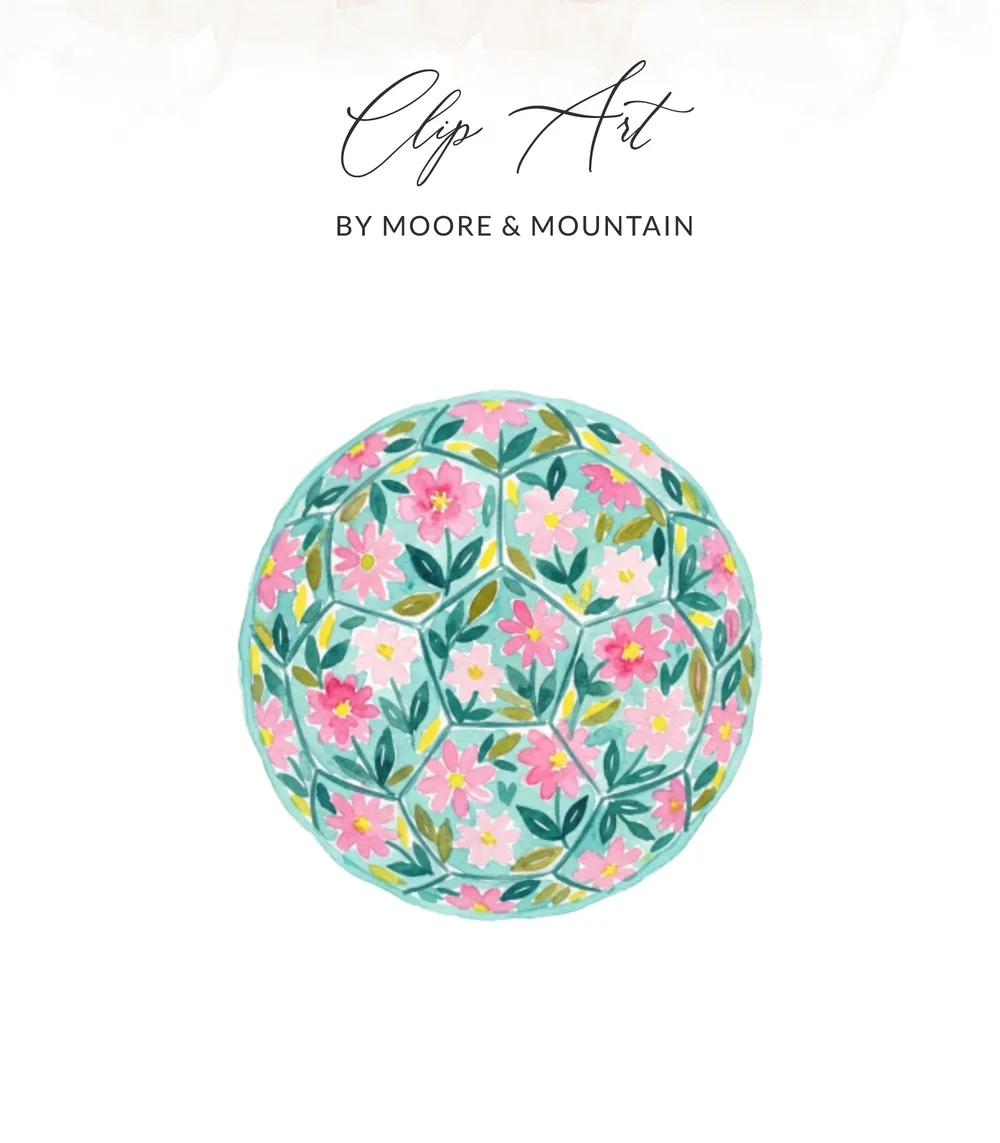 Watercolor soccer ball with pink flowers on a pastel background.