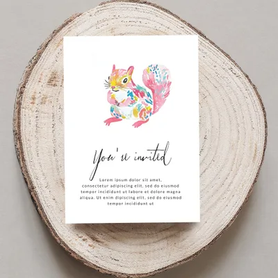 Invitation card with watercolor squirrel and "You're invited" text.