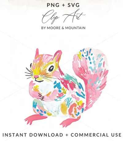 Watercolor squirrel with colorful abstract markings, PNG + SVG clip art.