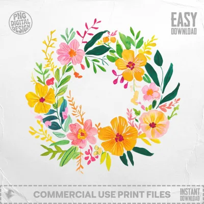 Watercolor floral wreath with "Easy Download" and "Commercial Use Print Files".