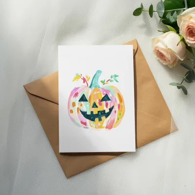 Watercolor jack-o'-lantern on a card with roses and an envelope.