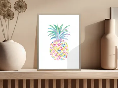 Watercolor pineapple art print with colorful mosaic pattern.