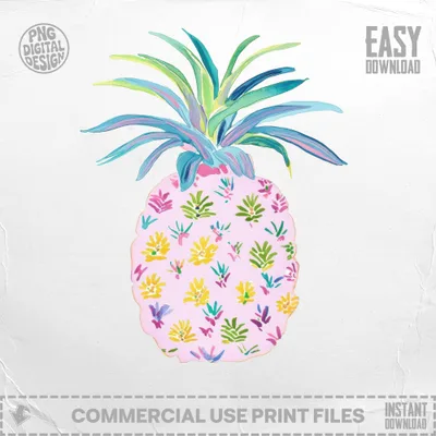 Pink pineapple with colorful floral pattern and green leaves, "EASY DOWNLOAD".
