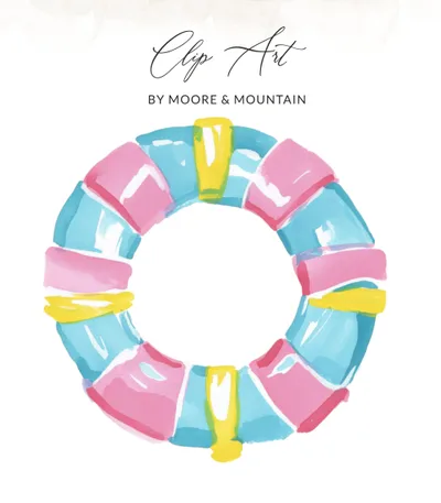 SVG Preppy Pool Float PNG Clip Art | Summer Life Buoy Watercolor Sublimation File | Hand Drawn Beach Circle Digital Art | Bright Pink Blue
