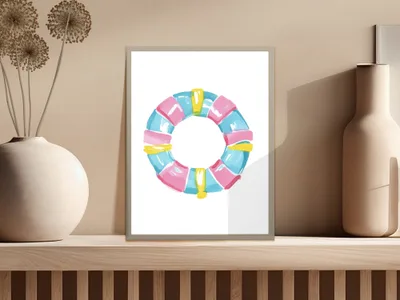 Watercolor illustration of a blue and pink life preserver on a shelf.