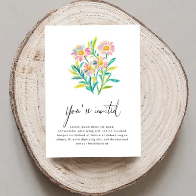 Invitation card with floral illustration and "You're invited" text.