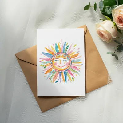 Card with a watercolor sun illustration on a brown envelope, with roses.