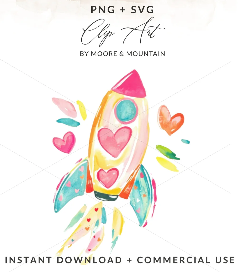 Watercolor rocket with hearts and colorful flames, PNG + SVG, INSTANT DOWNLOAD.