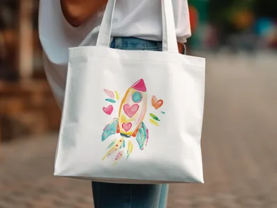 White tote bag with a colorful watercolor rocket and hearts illustration.