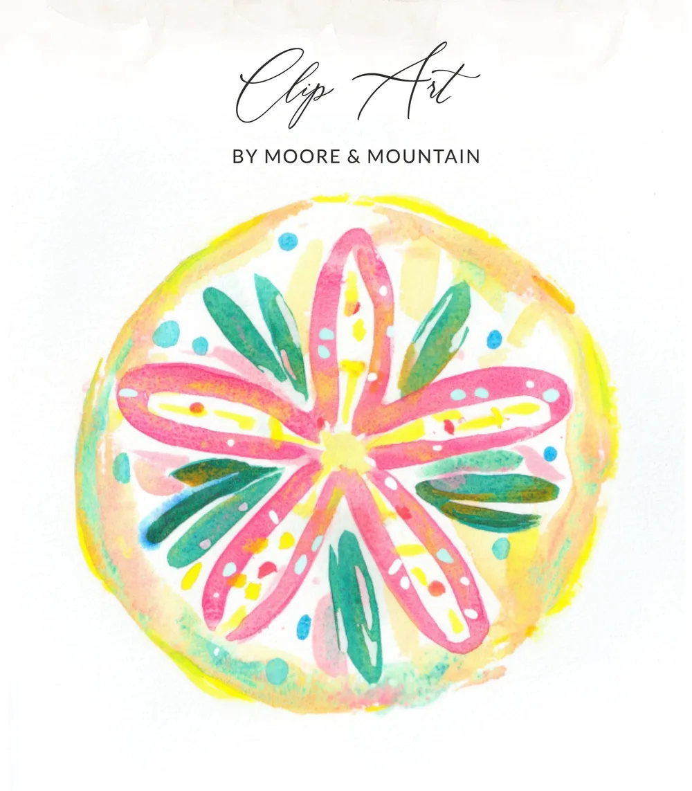 Watercolor illustration of a colorful, abstract floral design with text "Clip Art BY MOORE & MOUNTAIN".