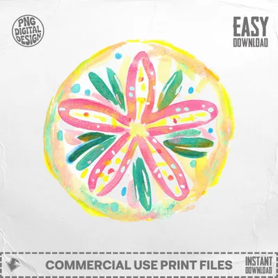 Watercolor abstract mandala design with pink, teal, and yellow colors.