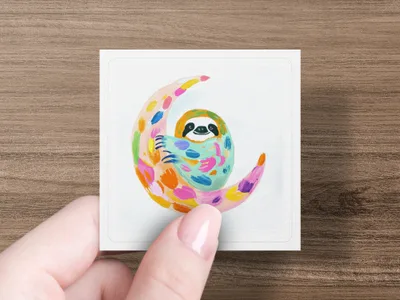 Small square painting of a colorful sloth on a crescent moon.