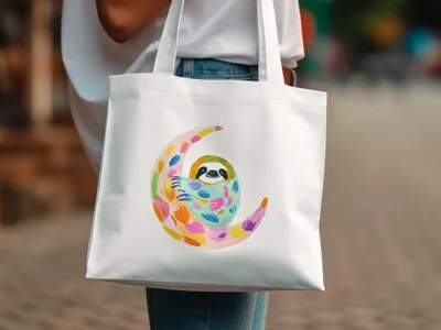 White tote bag with a colorful moon and sloth illustration.
