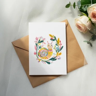 Colorful snail illustration on a white card atop a brown envelope with roses.