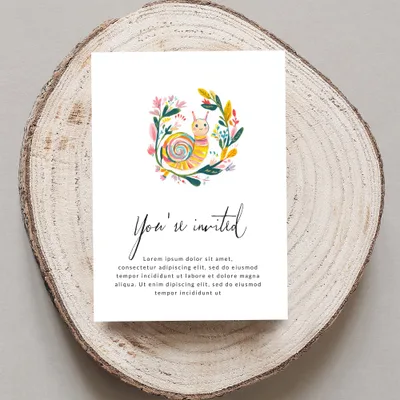 Invitation card with "You're invited" and snail illustration.