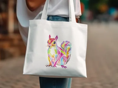 White tote bag with a colorful watercolor squirrel illustration.