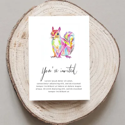 Watercolor squirrel invitation with "You're invited" and placeholder text.