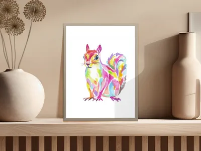 Colorful watercolor painting of a squirrel sitting on a shelf.