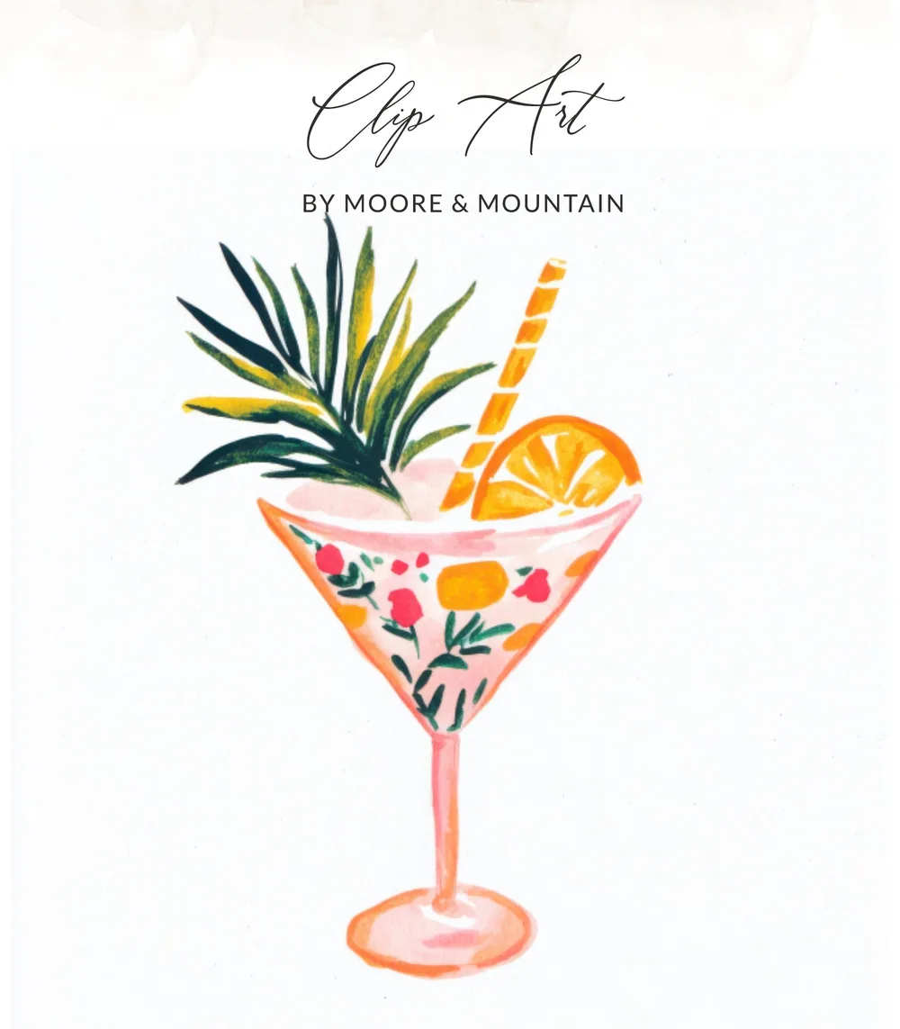Watercolor cocktail with orange slice, straw, and tropical leaves.