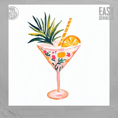 Watercolor cocktail with orange slice, straw, and tropical leaves.