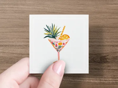 Watercolor cocktail with fruit and palm leaves in a glass.