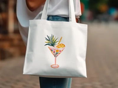 White tote bag with a watercolor cocktail and tropical leaves illustration.