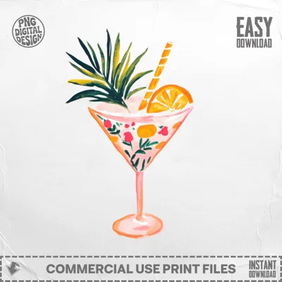 Watercolor cocktail glass with orange slice, straw, and floral pattern.