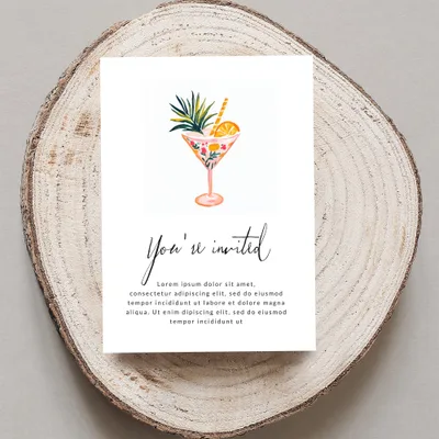 Invitation card with a cocktail illustration, text "You're invited", and placeholder copy.