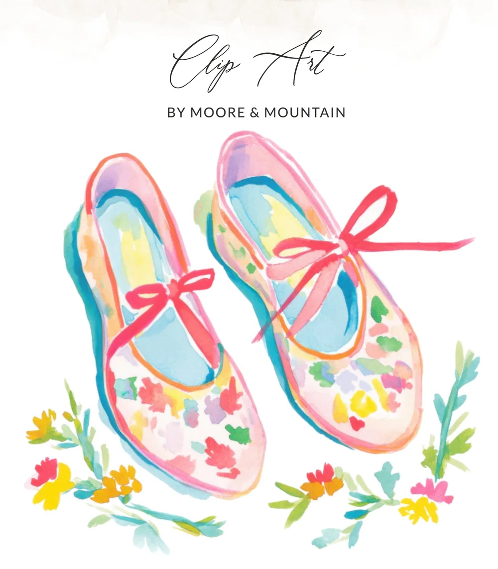Watercolor illustration of two ballet flats with floral pattern and pink bows.
