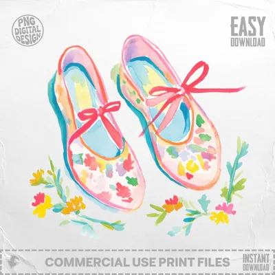 Watercolor illustration of pink ballet flats with floral accents and red ribbon bows.